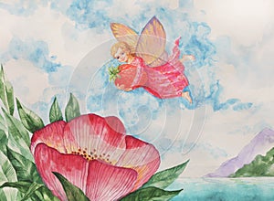 Watercolor Fairy garden magical creature. Little elf angel in green leaves pink flowers. Abstract summer background photo