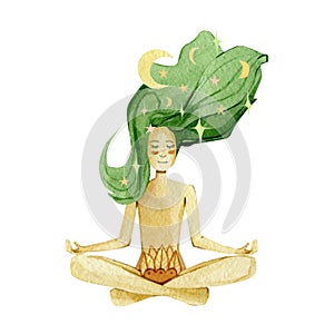 Watercolor fairy girl  in yoga pose lotos. Logo for yoga studio or meditation class, fitness center. Illustration for magazines