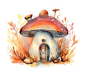 Watercolor Fairy Mushroom House in autumn