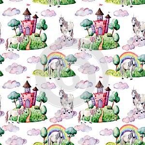 Watercolor fairy tale big pattern witn unicorn, cloud and castle. Hand painted green trees and bushes, castle, rainbow