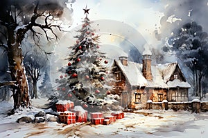 Watercolor fairy-tale Christmas landscape with houses on the background of a winter forest. Ai art