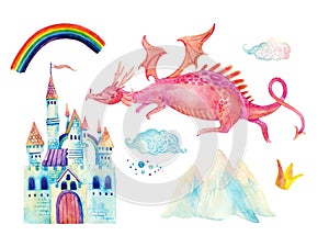 Watercolor fairy tale collection with cute dragon, rainbow, magic castle, little princess crown, mountains and fairy clouds