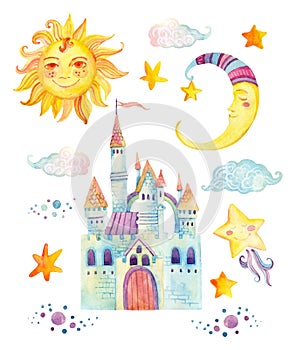 Watercolor fairy tale collection with magic castle, sun, moon, cute little star and fairy clouds