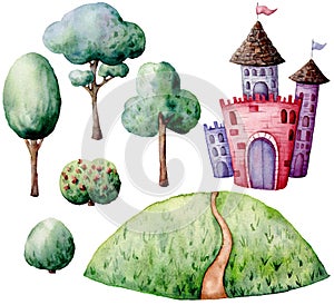 Watercolor fairy tale constructor set. Hand painted green trees and bushes, castle isolated on white background. Forest