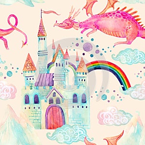 Watercolor fairy tale seamless pattern with cute dragon, magic castle, mountains and fairy clouds