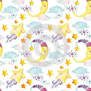 Watercolor fairy tale seamless pattern with magic sun, moon, cute little star and fairy clouds