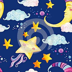 Watercolor fairy tale seamless pattern with magic sun, moon, cute little star and fairy clouds