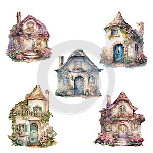 Watercolor fairytale brick Cottage with blooming garden, hand drawn fairytale illustration, isolated on purest white background
