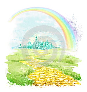 Watercolor fairytale emerald city, rainbow and yellow golden brick road