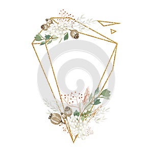 Watercolor fall autumn gold frame illustration. Dried floral branches and leaves, botanical illustration for bridal shower