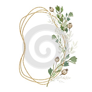 Watercolor fall autumn wreath illustration. Dried floral branches and leaves, winter holiday wreath illustration