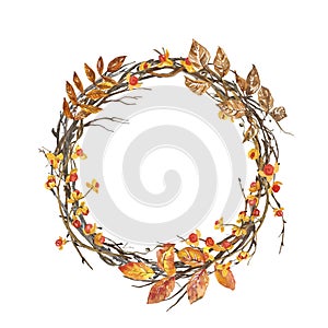Watercolor fall decorative wreath illustration with tree branches, leaves, berries, isolated