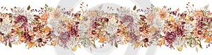 Watercolor fall flowers border. Autumn floral header. Beautiful seamless border. Crimson, white and orange asters