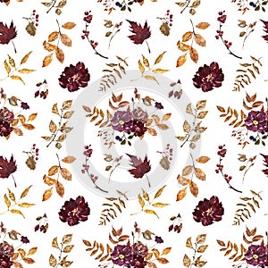 Watercolor fall flowers and leaves seamless pattern. Red, burgundy, purple flowers, orange foliage on white background