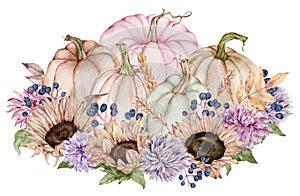 Watercolor fall flowers, sunflowers, autumn leaves, berries in the pumpkin. Beautiful floral and pumpkin arrangement.