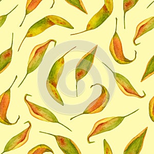 Watercolor fall leaves seamless pattern. Hand drawn autumn colored foliage on pastel yellow background. Vintage