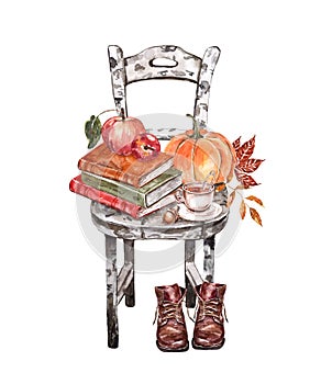 Watercolor fall mood composition with wood chair, orange pumpkin, tea cup, fall boots. Autumn farmhouse decor. Hand painted