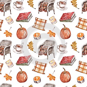 Watercolor fall mood seamless pattern. Cozy chair, tea, books, tree leaves, pumpkin on white background