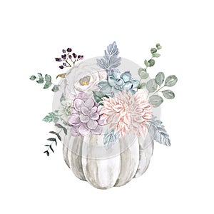Watercolor fall pastel pumpkin with muted flowers, succulents, eucalyptus, watercolor botanical illustration. White floral pumpkin