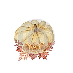 Watercolor fall pumpkins with flowers and autumn leaves
