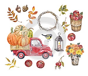 Watercolor fall set. Pumpkin truck, apples, leaves, berries, bird, wreath, flowers on white background. Autumn harvest