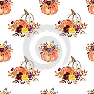 Watercolor autumn seamless pattern with pumpkins and flowers. Fall red, burgundy, purple flowers, dry orange leaves