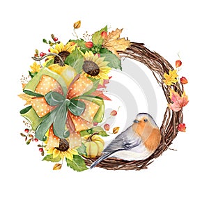 Watercolor fall wreath with autumn leaves, pumpkins, sunflowers , bright bow and robin bird