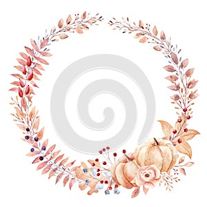 Watercolor fall wreath of orange leaves, berries, pumpkins, flowers isolated on white background.