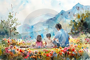 Watercolor family picnic with mountain view, ideal for themes of togetherness and nature. Postcard for the day of the