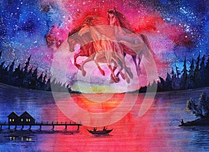 Watercolor fantasy cosmic horses landscape, beautiful abstract space painting with stars in sky and night forest, galaxy drawing a