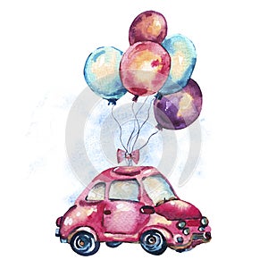 Watercolor fantasy greeting card with cute red car and air ballo