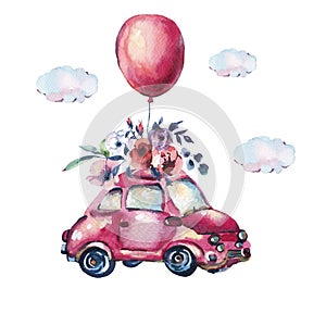 Watercolor fantasy greeting card with cute red car and air ballo