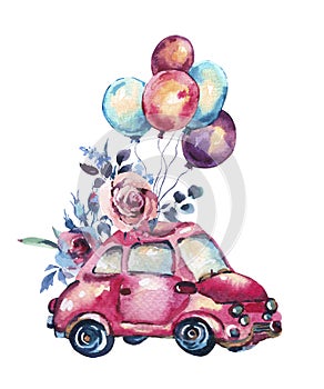 Watercolor fantasy greeting card with cute red car and air ballo