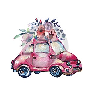 Watercolor fantasy greeting card with cute red retro car, wild f