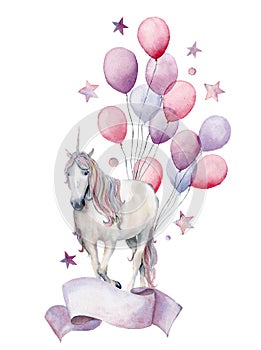 Watercolor fantasy label with unicorn and air ballons. Hand painted white horse, air balloons, stars isolated on white