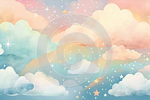watercolor fantasy sky fairy skies rainbows colors, magic landscape and dream sky background illustration