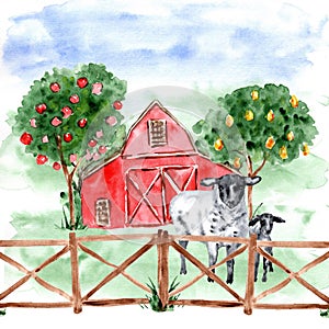 Watercolor Farm Animals Sheep Barn Scenery Painting Illustration