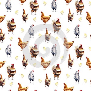 Watercolor farm poultry yard birds seamless pattern