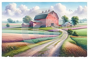 Watercolor Farming Scene Pastel Colored Springtime Barn Country AI Generated Painting
