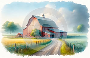 Watercolor Farming Scene Pastel Colored Springtime Barn Country AI Generated Painting