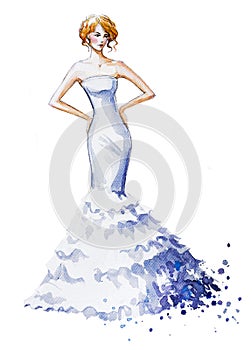 Watercolor fashion illustration, Beautiful young girl in a long dress. Wedding dress