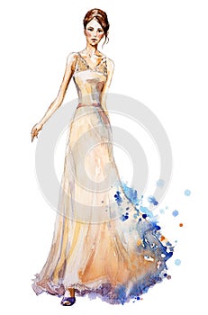 Watercolor fashion illustration, Beautiful young girl in a long dress. Wedding dress