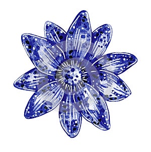 Watercolor fashion illustration of flower brooch in blue color