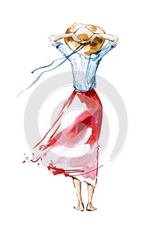 Watercolor fashion illustration, girl looking in the distance