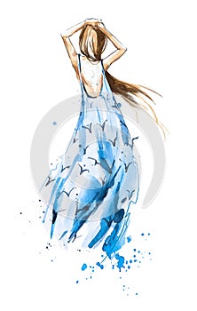 Watercolor fashion illustration, girl in a summer dress looking in the distance