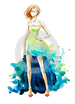 Watercolor fashion illustration, hand painted