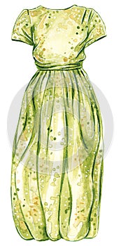 Watercolor fashion illustration of a long sparkling coctail dress in olive green color