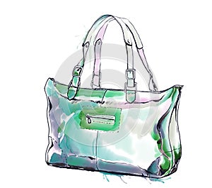 Watercolor fashion illustration with purse, female brown handbag