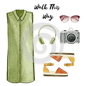 Watercolor fashion illustration. Set of trendy outfit and accessories: dress, headphones,photo camera,sunglasses and espadrilles.