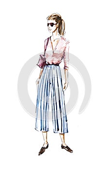 Watercolor fashion illustration, street style photo